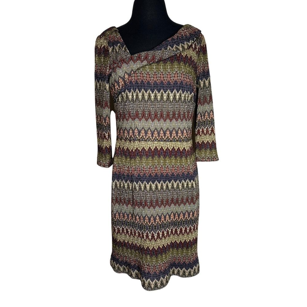 David Meister Geometric Chevron Knit Midi Shift Dress Asymmetrical Neckline 10